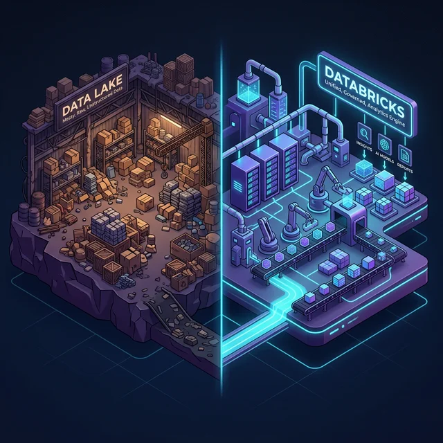 A conceptual 3D illustration showing a chaotic warehouse representing a Data Lake connected to a highly organized, robotic factory representing Azure Databricks.
