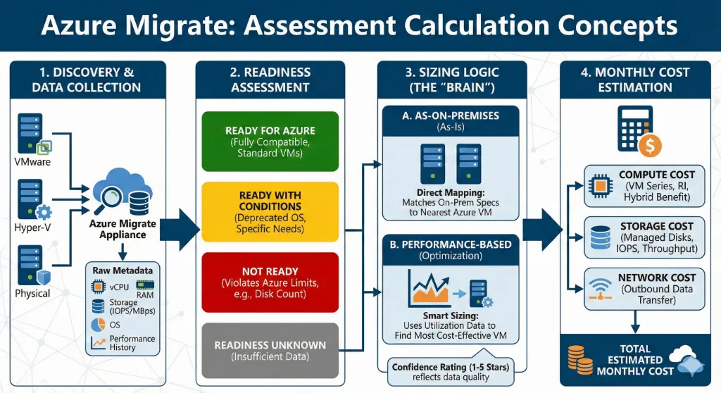 Azure Migrate Assessment Calculation Concepts: Discovery, Readiness, Sizing, Cost