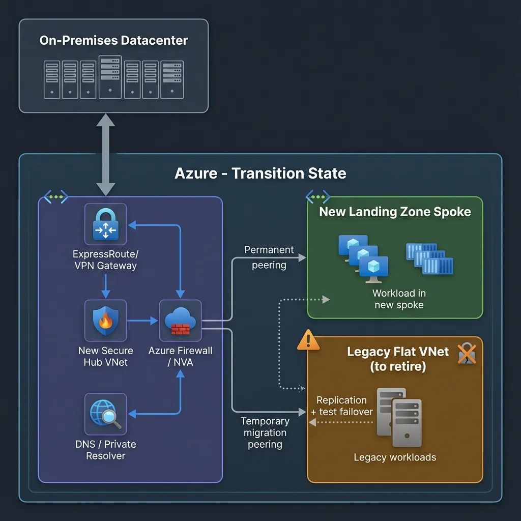 Azure brownfield migration transition state showing hub-spoke architecture with legacy VNet bridge