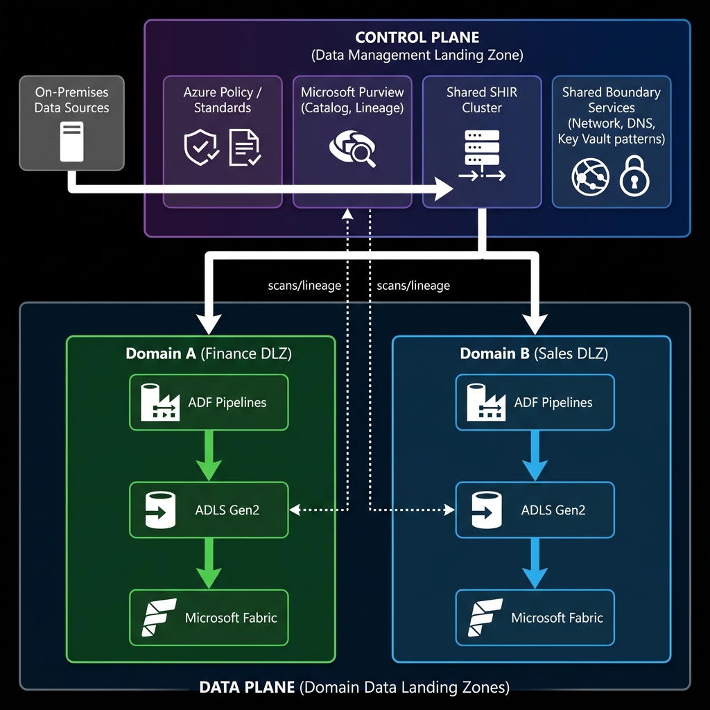 Data Landing Zones architecture showing control plane and data plane separation with Purview governance